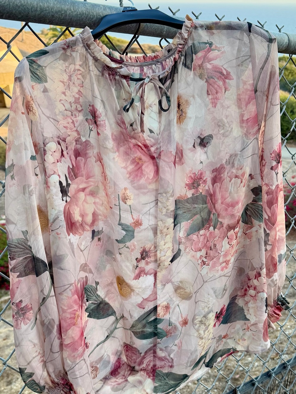 H&M Pink Floral Sheer Tie-Neck Blouse